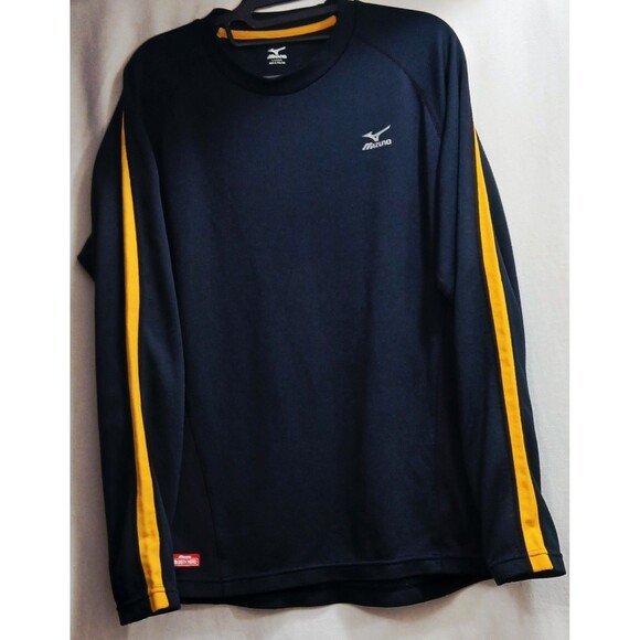 Mizuno Breath Thermo Shirt Mens Large Black Yellow Crew Neck Stretch L/S Note - Picture 1 of 11
